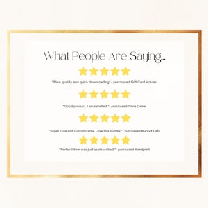 Puede incluir: Una imagen enmarcada con borde dorado muestra rese&ntilde;as de clientes. El texto "What People Are Saying..." est&aacute; en la parte superior. Debajo hay cuatro rese&ntilde;as con calificaciones de cinco estrellas, elogiando la calidad y la satisfacci&oacute;n general.