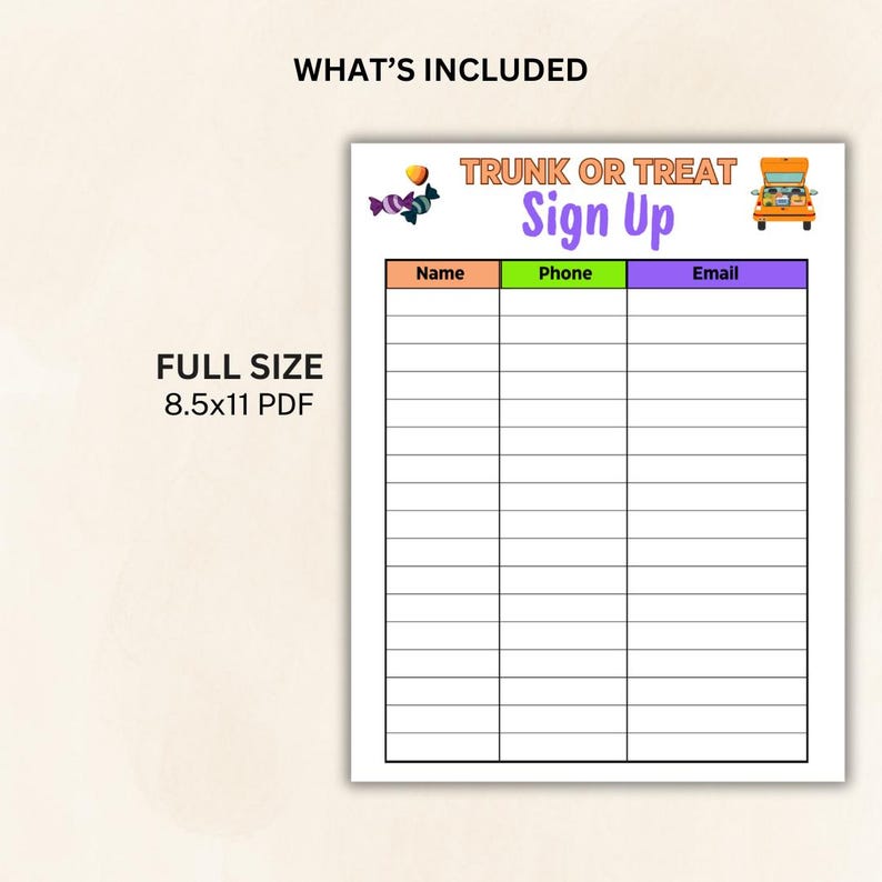 Trunk or Treat Sign-up Sheet, Church Sign-up Sheet, Halloween Sign Up ...