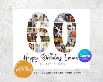 60th Birthday Photo Collage Template, Personalized 60th Birthday Gift, Editable Template, Unique Keepsake for Him/Her