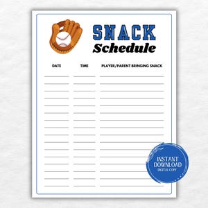 Baseball Snack Schedule Printable, Team Mom Snack Sign Up Sheet, Tball Game Day Snack List, Snack Schedule for Little League