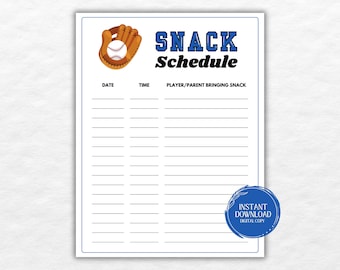 Horario de refrigerios de béisbol imprimible, Hoja de registro de refrigerios para mamás del equipo, Lista de refrigerios para el día del juego de béisbol, Horario de refrigerios para las ligas menores