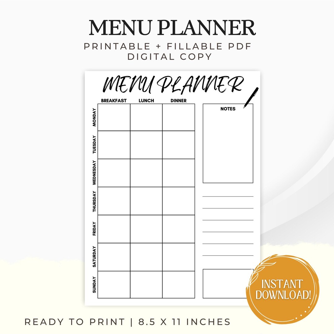 Meal Planner Template, Menu Planner Printable, Editable PDF Menu ...