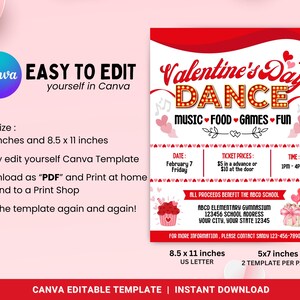 Op de afbeelding: Een rode en witte flyer voor een Valentijnsdagdans met een rode hartgrens en een rode banner met de tekst "Valentine's Day Dance" in witte letters. De flyer bevat de datum, tijd, ticketprijzen en locatie van de dans. De flyer bevat ook de tekst "Muziek, eten, spelletjes, plezier" in witte letters op een rode hartachtergrond.