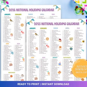 National Days 2025 and 2026 Printable Calendar Bundle, Silly Holidays & Fun Days, Social Media Ideas, 365 Days to Celebrate, Content planner