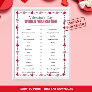 Valentine&#39;s Would You Rather,  Printable Valentine&#39;s Day This or That Game, Party Activity, Office Celebration Idea, Vanlentine&#39;s Party Game