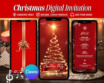 Sjabloon video-uitnodiging kerstfeest, digitale canva-uitnodiging, geanimeerde kerstavond, jaarlijks kerstfeest, canva-sjabloon