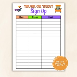 Peut inclure: Feuille de inscription imprimable pour un événement "Trunk or Treat" avec un bonbon de dessin animé et une voiture remplie de bonbons. La feuille comporte des colonnes pour le nom, le téléphone et l'e-mail.