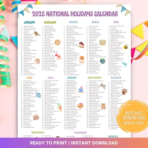 National Days 2025 Printable Calendar, Silly Holidays & Fun Days, Social Media Ideas, 365 Days to Celebrate, Content planner