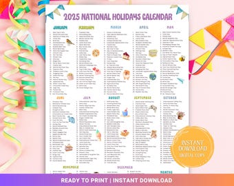 Calendario imprimible de Días Nacionales 2025, Festividades divertidas y divertidas, Ideas para redes sociales, 365 días para celebrar, Planificador de contenido
