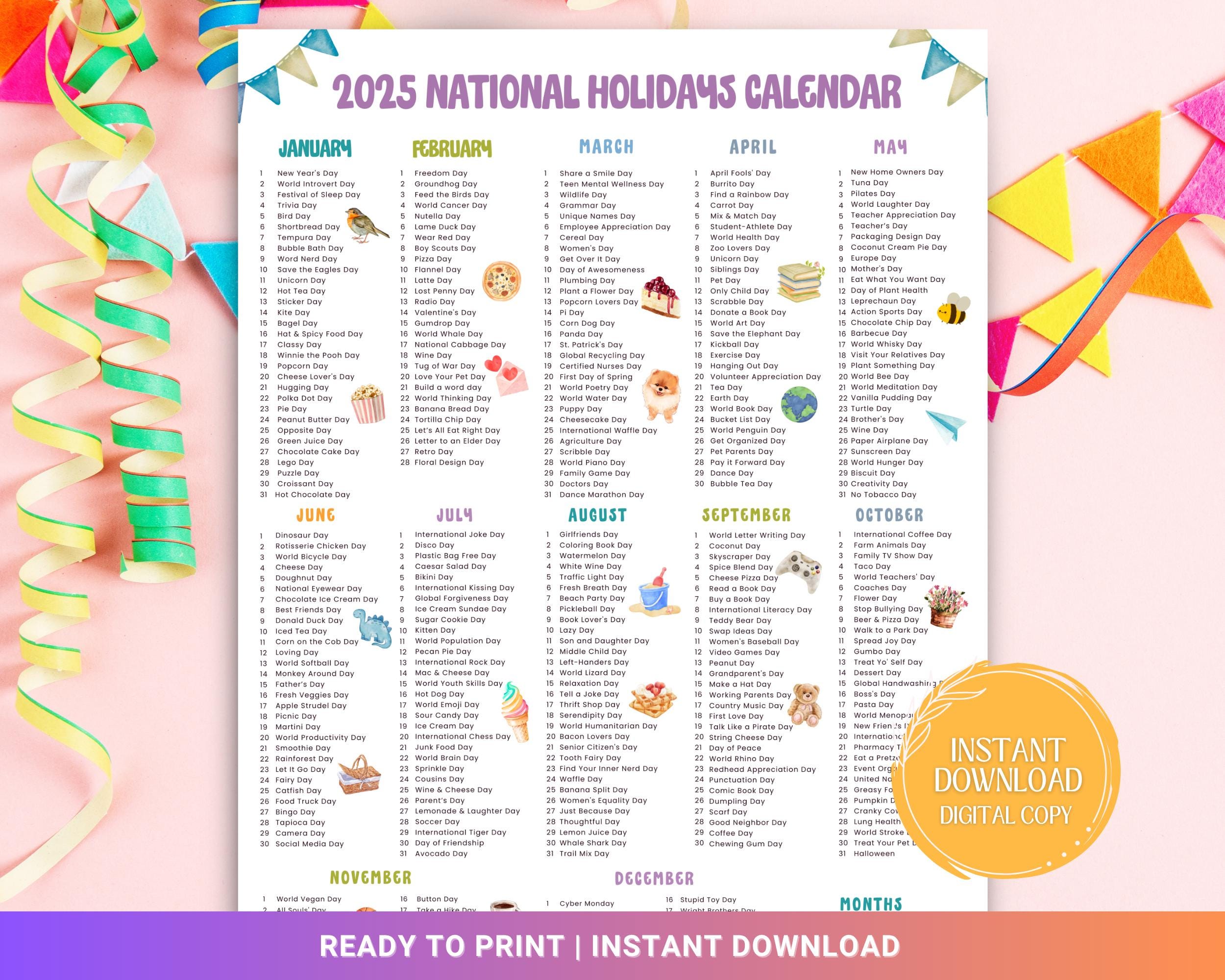 National Days 2025 Printable Calendar, Silly Holidays & Fun Days