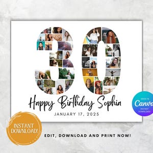 Collage fotografico per 30 anni, regalo personalizzato per il 30° compleanno, ricordo d'arte personalizzato, stampa digitale unica per lui, biglietto per i trent'anni