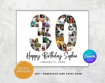30 years Photo Collage, Personalized 30th Birthday Gift, Custom Keepsake Art, Unique Digital Print for Him,  Thirty Years Old Card