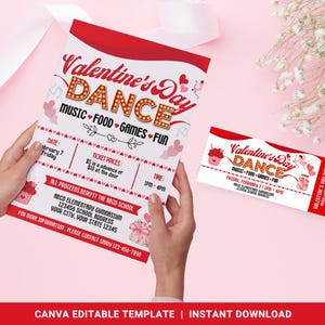 Op de afbeelding: Een rode en witte flyer voor een Valentijnsdagdans met een bijgevoegd ticket. De flyer heeft een rood en wit hartontwerp met de tekst "Valentine's Day Dance" in een rood en wit lettertype in marquee-stijl. Het ticket heeft hetzelfde ontwerp en dezelfde tekst als de flyer. De flyer bevat ook de datum, tijd, ticketprijzen en de locatie van de dans. De tekst op de flyer luidt: "Valentine's Day Dance Music Food Games Fun Date: February 7 Friday Ticket Prices: &pound;5 van tevoren of &pound;10 aan de deur Time: 7PM-4PM All proceeds benefit the ABCD School ABCD Elementary Gymnasium 123456 School Address Your City, Your State 12345 For more information, please contact Sandy 123-456-7890"