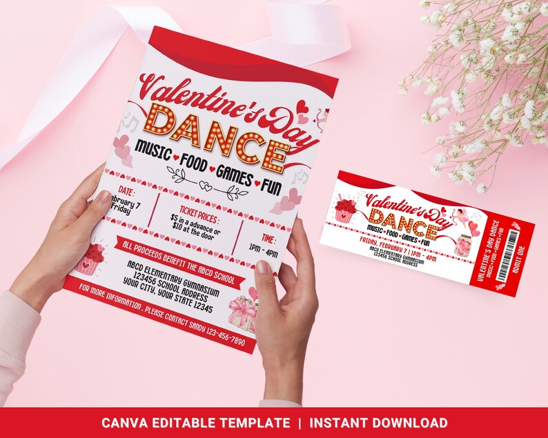 Op de afbeelding: Een rode en witte flyer voor een Valentijnsdagdans met een bijgevoegd ticket. De flyer heeft een rood en wit hartontwerp met de tekst "Valentine's Day Dance" in een rood en wit lettertype in marquee-stijl. Het ticket heeft hetzelfde ontwerp en dezelfde tekst als de flyer. De flyer bevat ook de datum, tijd, ticketprijzen en de locatie van de dans. De tekst op de flyer luidt: "Valentine's Day Dance Music Food Games Fun Date: February 7 Friday Ticket Prices: &pound;5 van tevoren of &pound;10 aan de deur Time: 7PM-4PM All proceeds benefit the ABCD School ABCD Elementary Gymnasium 123456 School Address Your City, Your State 12345 For more information, please contact Sandy 123-456-7890"