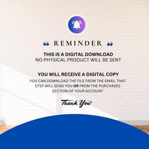 Puede incluir: Gr&aacute;fico de recordatorio de descarga digital con un icono de campana. El texto incluye "Recordatorio", "Esta es una descarga digital, no se enviar&aacute; ning&uacute;n producto f&iacute;sico" e instrucciones sobre c&oacute;mo acceder a la copia digital. Tambi&eacute;n se incluyen las palabras "Gracias".