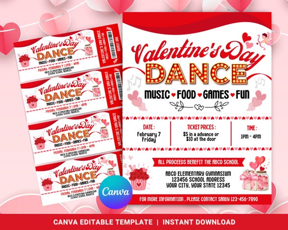 Valentine's Day Party Flyer, School Dance Ticket Invitation, Sweetheart Dance, PTO, PTA, Community Event, Valentine's Party,Valentine Invite