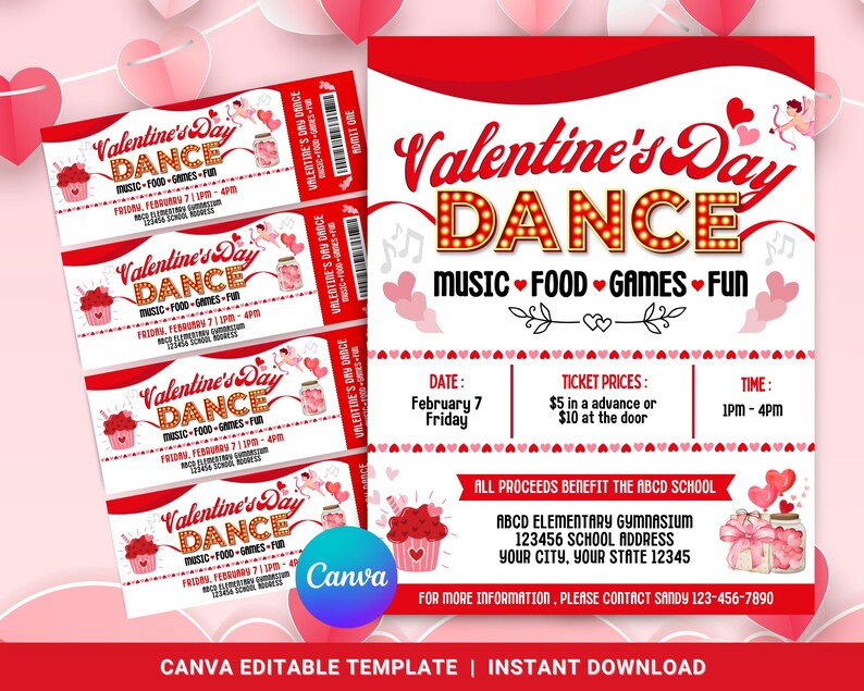 Op de afbeelding: Een printbare uitnodiging voor een Valentijnsdagbal met een rood-wit kleurenschema. De uitnodiging heeft een rode banner met de tekst "Valentine's Day Dance" in witte letters. De tekst "Muziek - Eten - Spellen - Plezier" staat ook op de uitnodiging. De uitnodiging bevat details over de datum, tijd, ticketprijzen en locatie van het evenement. De uitnodiging bevat ook de tekst "Alle opbrengsten komen ten goede aan de ABCD-school".