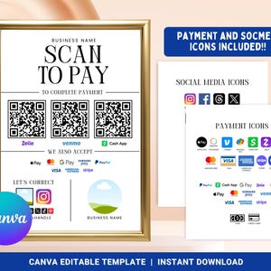 May include: A framed sign with the text "SCAN TO PAY" and QR codes for payment. Includes icons for Zelle, Venmo, and Cash App, plus accepted payment methods. Additional sheets show social media and payment icons. The Canva logo is visible.