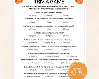 May include: A printable pumpkin trivia game with 10 questions. The game has an orange pumpkin graphic at the top and an orange pumpkin graphic at the bottom with the words "Instant Download" and "Includes Answer Key".