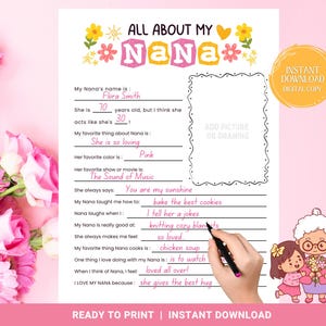 All About My Nana Printable, Birthday Gift, Gift for Grandmother on Mother&#39;s Day, Grandparent&#39;s Day