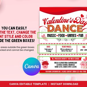 Op de afbeelding: Een rode en witte flyer voor een Valentijnsdagdans met een rode hartjesrand. De flyer bevat de tekst "Valentine's Day Dance", "Muziek - Eten - Spellen - Plezier", "Datum: 7 februari Vrijdag", "Ticketprijzen: &euro; 5 vooraf of &euro; 10 aan de deur", "Tijd: 13:00 - 16:00 uur", "Alle opbrengsten komen ten goede aan de ABCD-school", "ABCD basisschool gymzaal", "123456 Schooladres", "Uw stad, Uw staat 12345", en "Voor meer informatie, neem contact op met Sandy 123-456-7890".