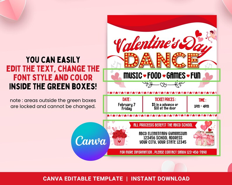Op de afbeelding: Een rode en witte flyer voor een Valentijnsdagdans met een rode hartjesrand. De flyer bevat de tekst "Valentine's Day Dance", "Muziek - Eten - Spellen - Plezier", "Datum: 7 februari Vrijdag", "Ticketprijzen: &euro; 5 vooraf of &euro; 10 aan de deur", "Tijd: 13:00 - 16:00 uur", "Alle opbrengsten komen ten goede aan de ABCD-school", "ABCD basisschool gymzaal", "123456 Schooladres", "Uw stad, Uw staat 12345", en "Voor meer informatie, neem contact op met Sandy 123-456-7890".