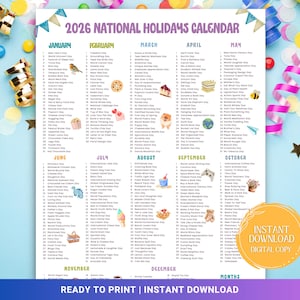 National Days 2026 Printable Calendar, Silly Holidays & Fun Days, Social Media Ideas, 365 Days to Celebrate, Content planner