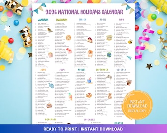National Days 2026 Printable Calendar, Silly Holidays & Fun Days, Social Media Ideas, 365 Days to Celebrate, Content planner