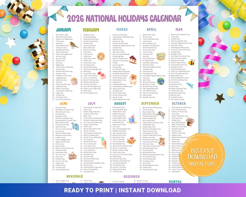 Puede incluir: Un calendario de d&iacute;as festivos nacionales de 2026 con un fondo azul claro. El calendario enumera los d&iacute;as festivos de cada mes, con elementos decorativos como confeti y pancartas. El texto incluye "Listo para imprimir | Descarga instant&aacute;nea".
