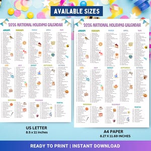 Puede incluir: Se muestran dos calendarios de d&iacute;as festivos nacionales de 2026, uno en tama&ntilde;o US Letter (21,59 x 27,94 cm) y otro en tama&ntilde;o A4 (21 x 29,7 cm). Los calendarios son blancos con una colorida pancarta en la parte superior e incluyen el texto "AVAILABLE SIZES" y "READY TO PRINT | INSTANT DOWNLOAD".