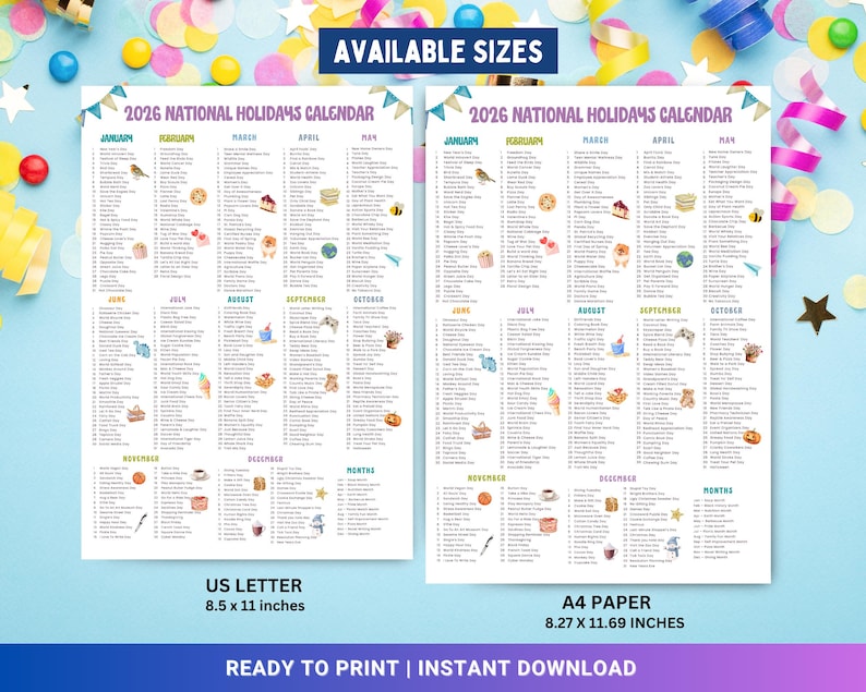 Puede incluir: Se muestran dos calendarios de d&iacute;as festivos nacionales de 2026, uno en tama&ntilde;o US Letter (21,59 x 27,94 cm) y otro en tama&ntilde;o A4 (21 x 29,7 cm). Los calendarios son blancos con una colorida pancarta en la parte superior e incluyen el texto "AVAILABLE SIZES" y "READY TO PRINT | INSTANT DOWNLOAD".