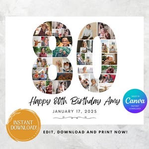 80th Photo Collage Template, Personalized 80th Birthday Gift for Grandma or Grandpa, 80th Number Collage, Gift for Grandma, Grandpa, Dad,Mom