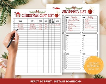 Afdrukbare kerstcadeaulijst, kerstboodschappenlijst voor kinderen, vakantiewinkelen Budgettracker, afdrukbare checklist, kerstcadeautracker