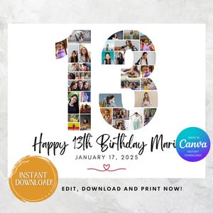 13th Birthday Photo Collage Template, Customizable Gift, Editable Party Decor, Unique Keepsake for Teens, 13th Birthday Gift