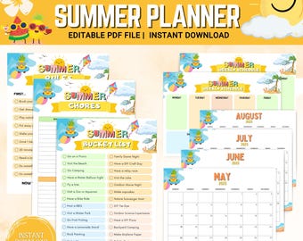 Druckbarer bearbeitbarer SOMMER 2025 Kinder-Sommer-Zeitplan, Kinder-Bucket-Liste, lustige Sommeraktivitäten, Sommer-Checkliste, Sommerkalender
