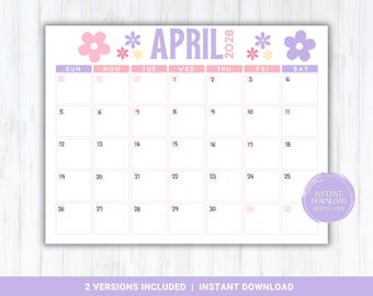 Calendario de abril de 2026 editable, planificador mensual imprimible, organizador para la escuela, el trabajo, la oficina, el hogar o la escuela de los niños, calendario de primavera