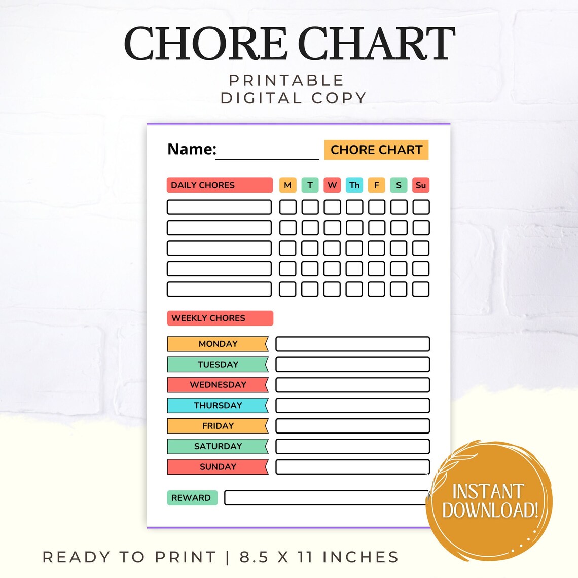 Chore Chart Printable, Chore Chart, Weekly Checklist, Chore Printable ...