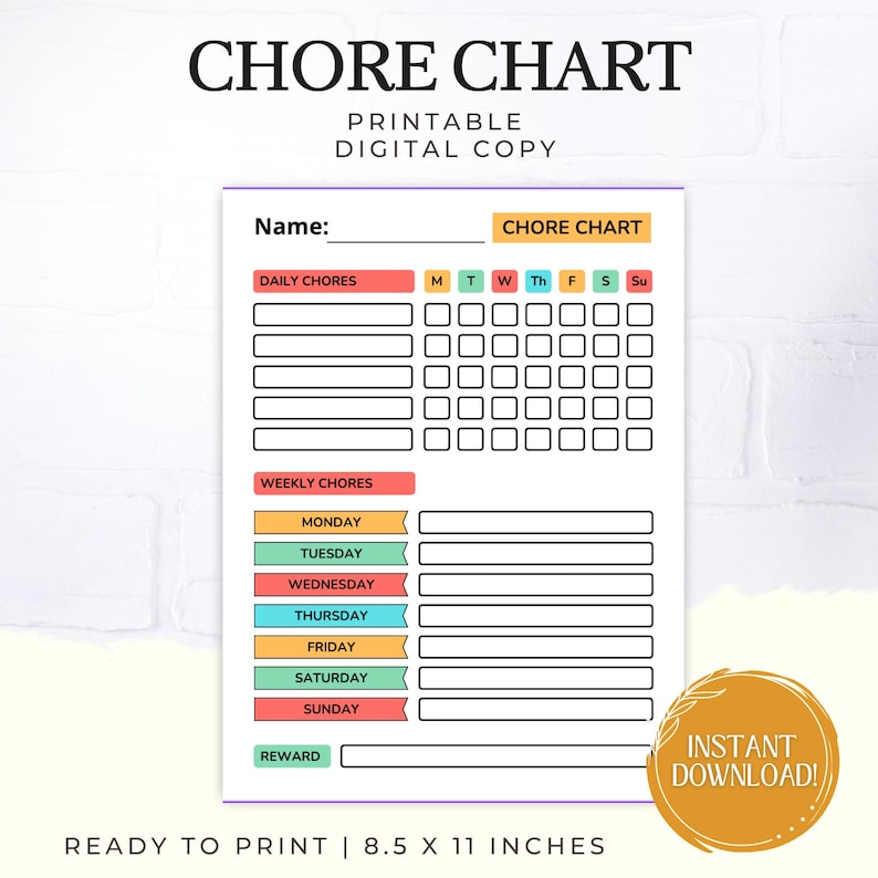 Chore Chart Printable, Chore Chart, Weekly Checklist, Chore Printable ...