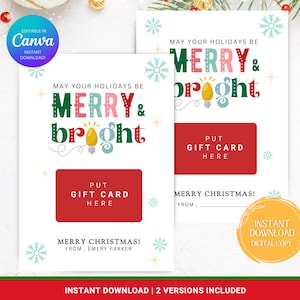 Cartão de Natal alegre e brilhante, porta-cartão de presente de Natal editável, porta-cartão de presente de Natal, cartão de presente para professor, cartão de presente 5X7