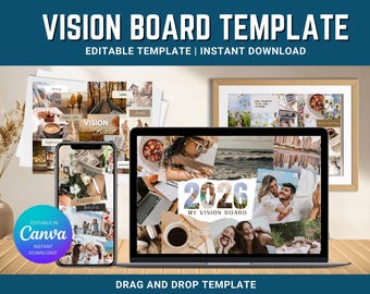 Tablero de visión de Canva 2026, plantilla de tablero de visión digital, tablero de visión 2026, tablero de sueños 2026, tablero de manifestación, objetivos de vida, plantilla de Canva
