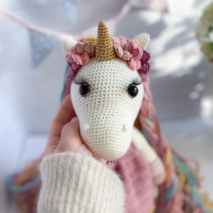 Crochet unicorn doll,Unicorn in dress,Long hair unicorn,Stuffed horse,Unicorn nursery decor,Unicorn birthday gift for girl,Rainbow unicorn