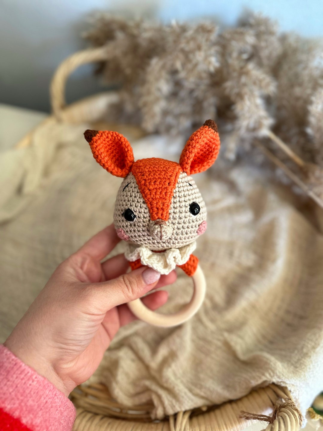 Squirrel Baby Rattle Crochet Wooden Rattle Neutral Baby Gift Baby