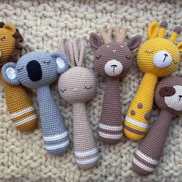 Crochet baby rattle lion sloth deer/montessori bell rattle/Forest animal rattle/Safari newborn toy/Jungle baby shower gift/Pregnancy gift
