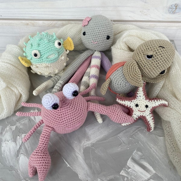 Sea Baby shower,Water crochet toy,Ocean nursery decorations,Crochet sea animals,Toddler toy with Sea Creatures,Plush ocean animals for kids