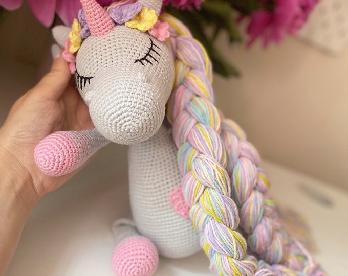 Interior unicorn doll for girl,personalized unicorn,crochet horse,best bday gift for girl from Grandma’s,magic tale toy,large stuffed horse