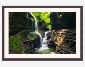 Rainbow Bridge and Falls in Watkins Glen State Park, nature wall art, us travel poster, upstate new york, geology east coast