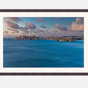 San Francisco and Alcatraz under a colorful sunrise sky, California art, us travel photo, SF city wall decor, coast view
