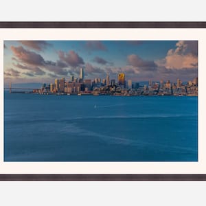 San Francisco&#39;s financial district under a colorful sunrise sky, California art, us travel photo, SF city wall decor, coast view