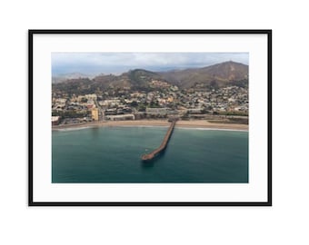 Ventura Pier and downtown area, aerial photo, beach boardwalk, California coast, moody, teal home decor