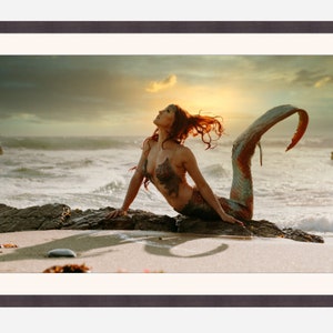 Red-haired mermaid arching her back on a beach, ocean decor, coastal wall art, sea decor, fantasy poster, nautical photo